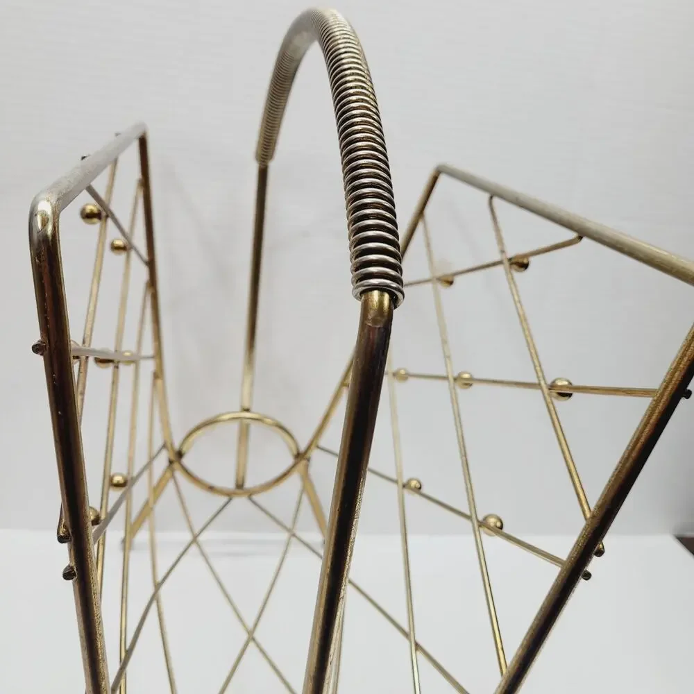 Vtg MCM ATOMIC Diamond Magazine Rack Holder Gold Brass Plate Wire Wrapped Handle